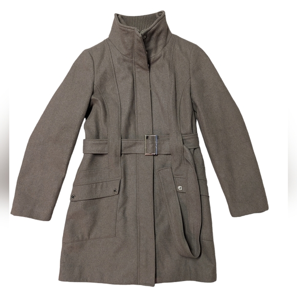 Calvin Klein Oat Beige Wool Blend Belted Zip Up Coat - Women's Size 10 - Picture 5 of 13